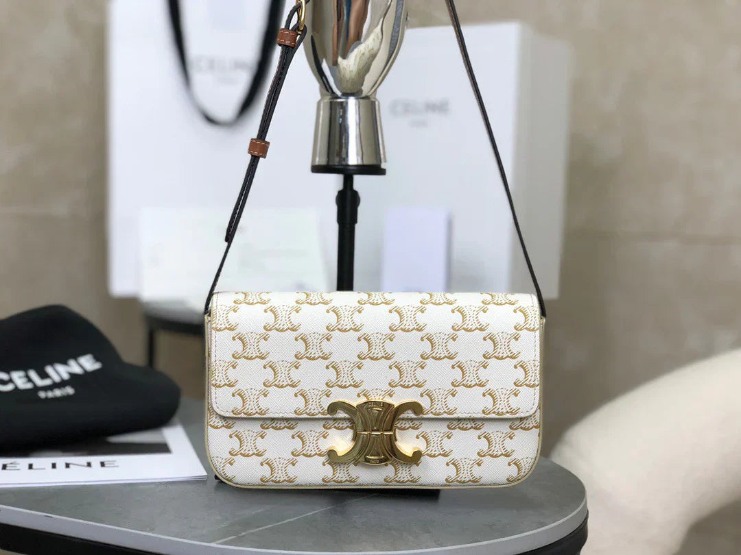 CELINE Triomphe Shoulder Bag In Triomphe Canvas And Calfskin White 20 x 10 x 4 cm