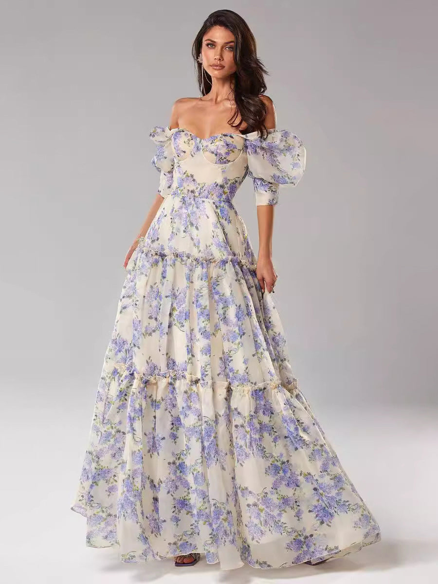 Party Dress Floral Off The Shoulder Tiered A-Line Elegant Prom Maxi Dresses
