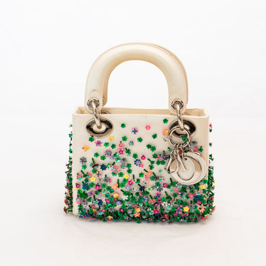 Dior White Satin Mini Lady Dior with Beaded Detail