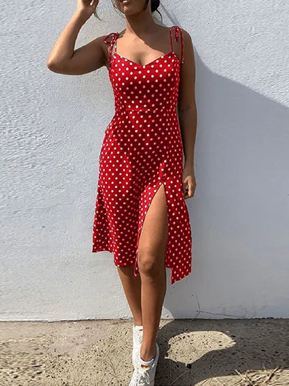 Vestidos 2025 Vestido de verano para mujer Casual Polka Dot Sin mangas Alto Plisado Cintura elástica Cuello en V Vestido de playa Vestidos De Verano