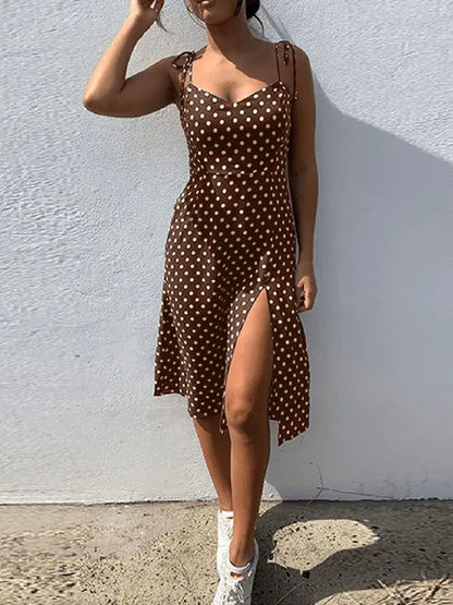 Vestidos 2025 Vestido de verano para mujer Casual Polka Dot Sin mangas Alto Plisado Cintura elástica Cuello en V Vestido de playa Vestidos De Verano