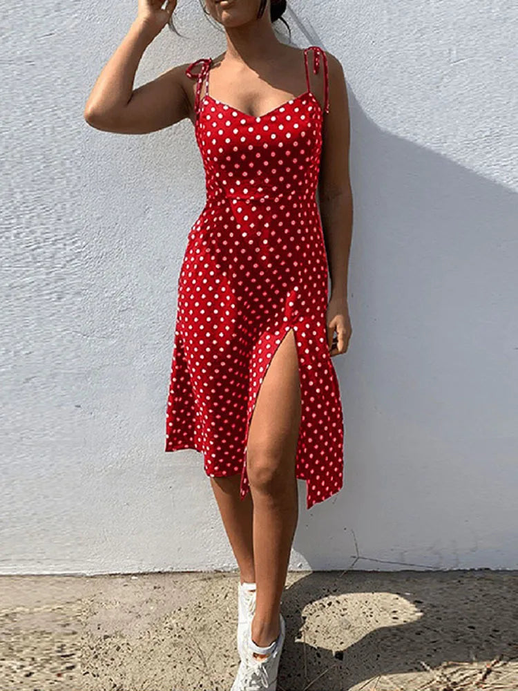 Vestidos 2025 Vestido de verano para mujer Casual Polka Dot Sin mangas Alto Plisado Cintura elástica Cuello en V Vestido de playa Vestidos De Verano
