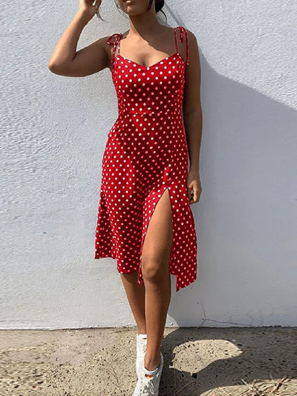 Vestidos 2025 Vestido de verano para mujer Casual Polka Dot Sin mangas Alto Plisado Cintura elástica Cuello en V Vestido de playa Vestidos De Verano