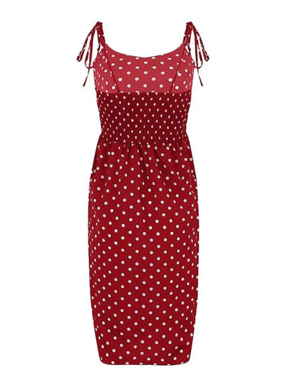 Vestidos 2025 Vestido de verano para mujer Casual Polka Dot Sin mangas Alto Plisado Cintura elástica Cuello en V Vestido de playa Vestidos De Verano