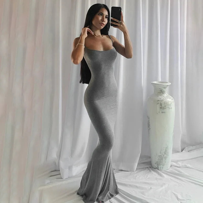Vestidos para mujer 2025 sexy tirantes finos negro vestido largo noche Y2k sin mangas sólido ajustado ceñido maxi vestidos