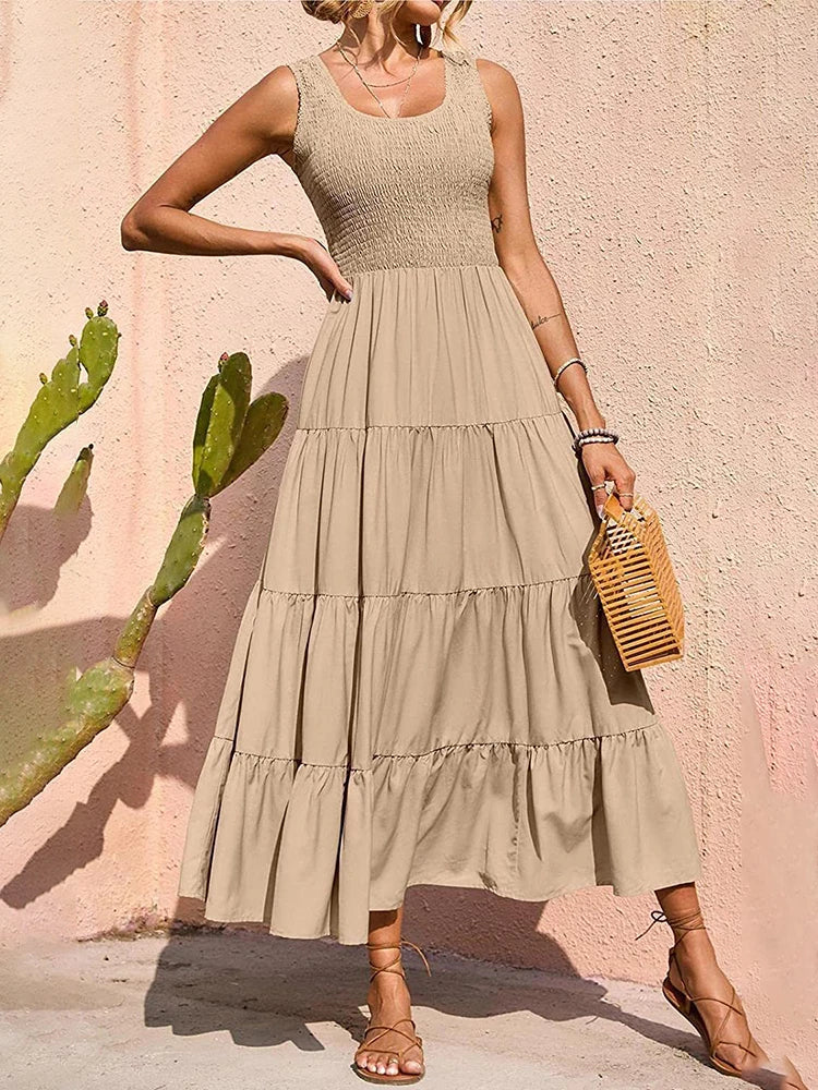 Dresses For Women 2025 Summer Sexy Elegant Sleeveless Floral Solid Color Long Dress Fashion Elastic Waist Beach Party Big Swing
