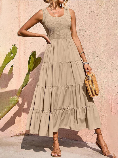 Dresses For Women 2025 Summer Sexy Elegant Sleeveless Floral Solid Color Long Dress Fashion Elastic Waist Beach Party Big Swing