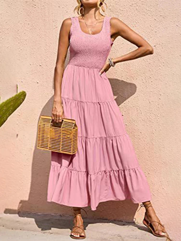 Dresses For Women 2025 Summer Sexy Elegant Sleeveless Floral Solid Color Long Dress Fashion Elastic Waist Beach Party Big Swing