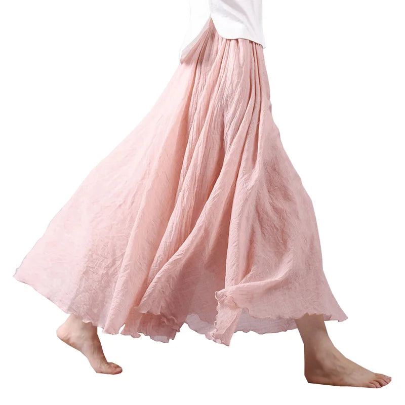 Dropshipping 2025 Falda de verano para mujer, de lino y algodón, estilo vintage, larga, con cintura elástica, estilo bohemio, beige y rosa.