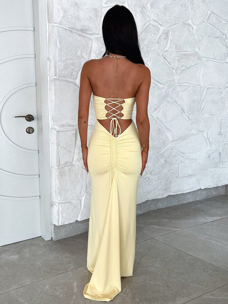 Party Dress Off The Shoulder Lace Up Pleated Sexy Maxi Dress