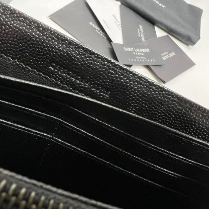 YSL Long Wallet Black Leather Black Tone 10767 19cm