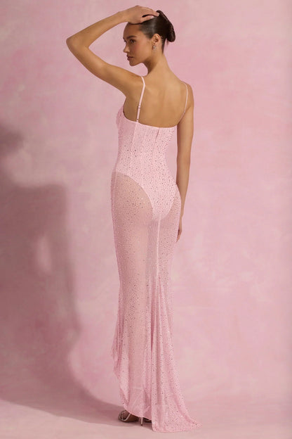 Semi-Sheer Embellished Corset Gown in Pink