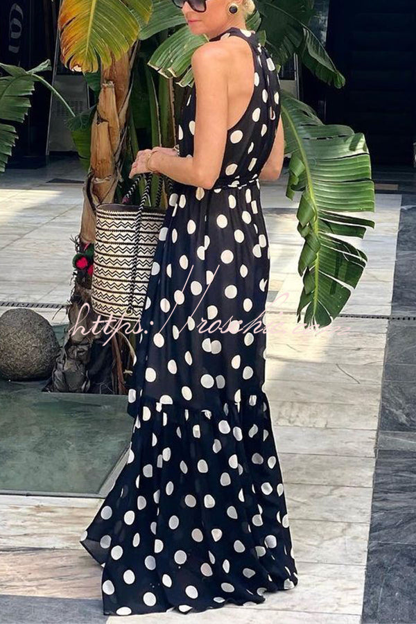 Charming Idea Polka Dots Belted Halter A-line Maxi Dress