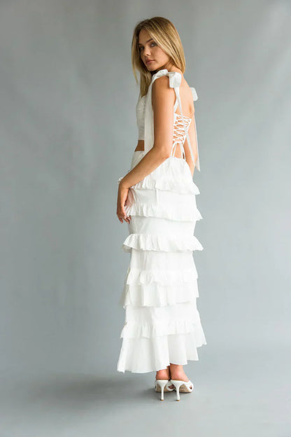 Dawn Bow Strap Bustier Top + Tiered Ruffle Skirt Set