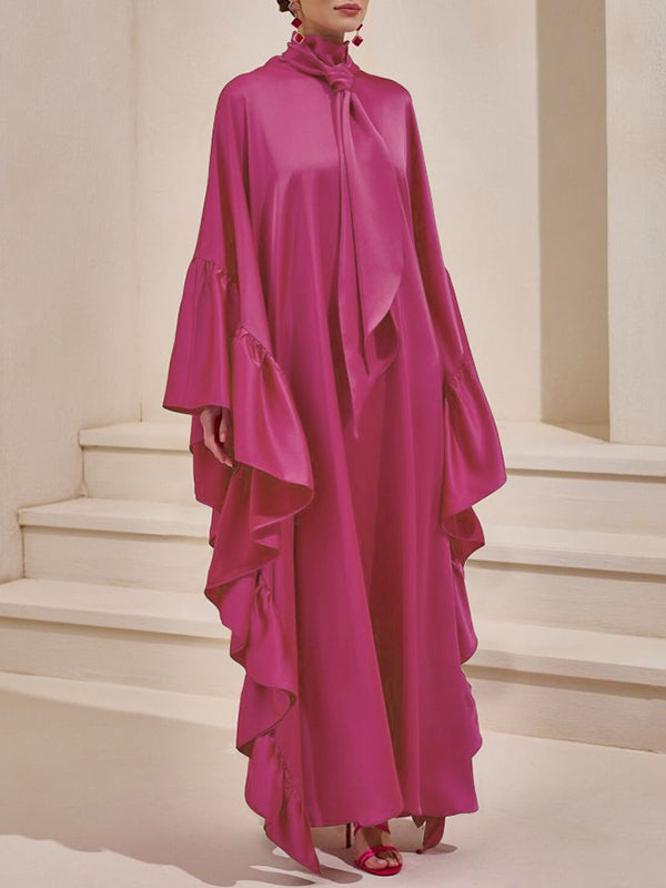 Batwing Sleeves Loose Hollow Pleated Solid Color Split-Joint High Neck Evening Dresses Maxi Dresses