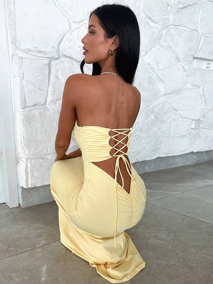 Party Dress Off The Shoulder Lace Up Pleated Sexy Maxi Dress