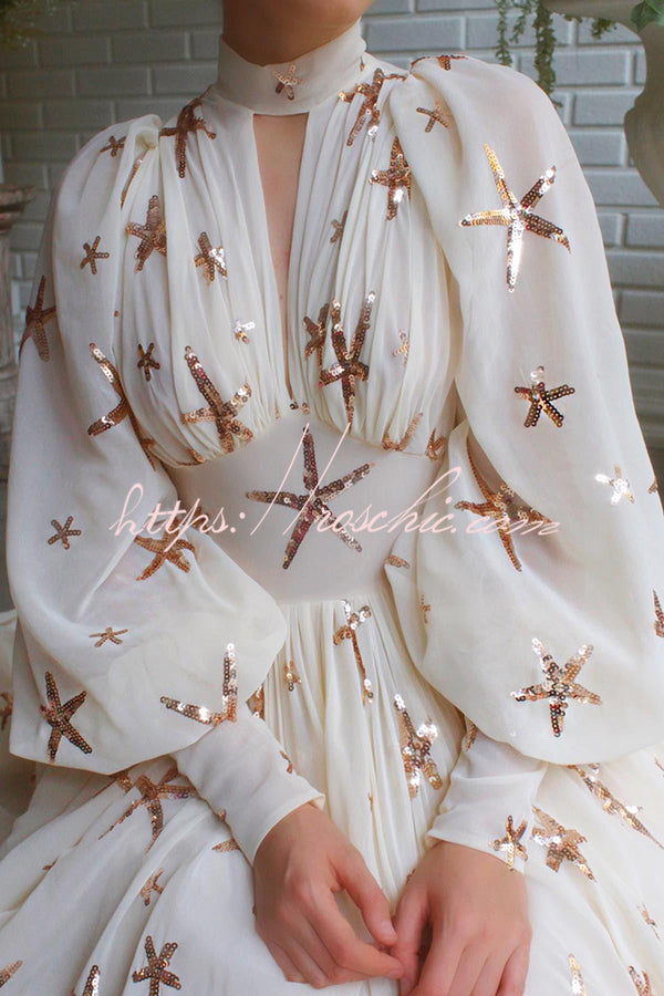 Grand Evening Chiffon Star Sequins Lantern Sleeve Party Maxi Dress