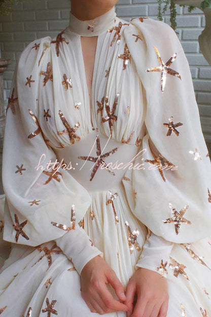 Grand Evening Chiffon Star Sequins Lantern Sleeve Party Maxi Dress