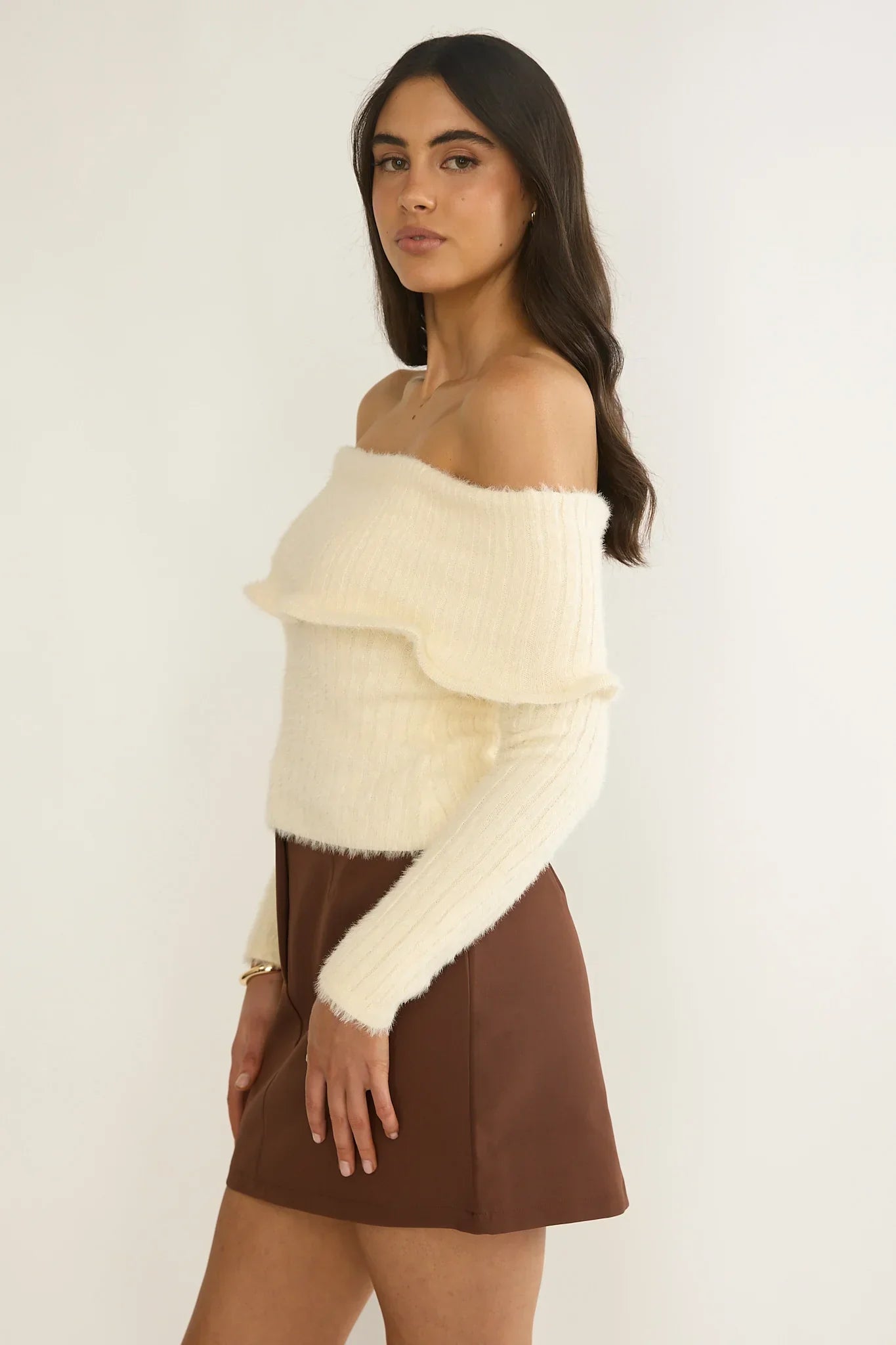 Orielle Wide Ruffle Off-Shoulder Top Cream