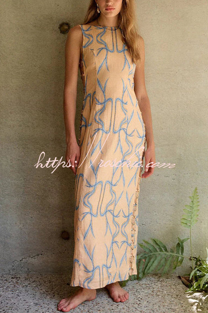 Glimmer of Hope Linen Blend Unique Print Side Hollow Ring Design Maxi Dress
