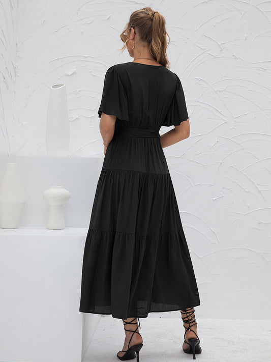 V-Neck Maxi Dress Short Sleeves Casual Layered Floor Length Dress