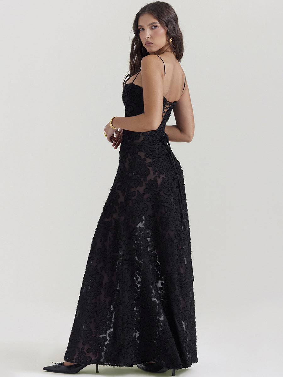 Trumpet Dress Spaghetti Straps Lace-up Floral Embroidery Prom Maxi Dresses