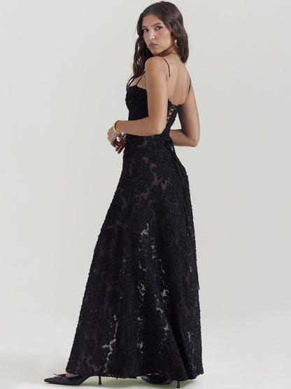 Trumpet Dress Spaghetti Straps Lace-up Floral Embroidery Prom Maxi Dresses
