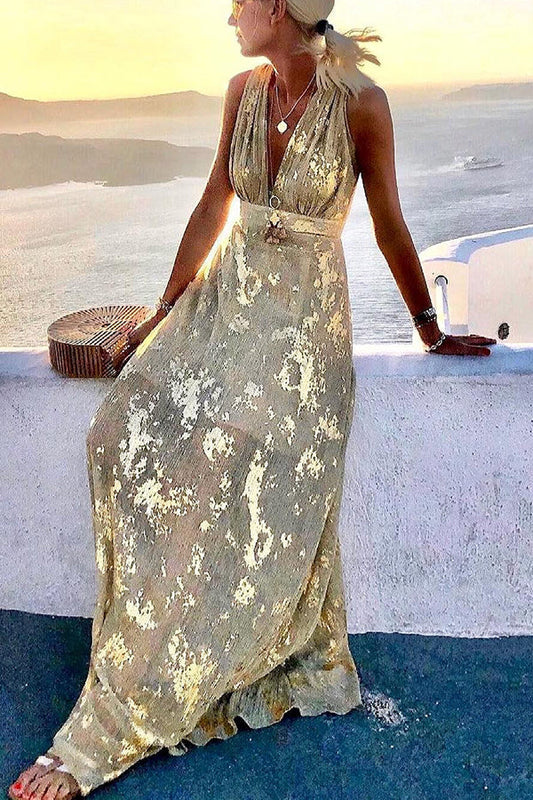 Golden Sunset Sequin Stories V-neck Maxi Dress