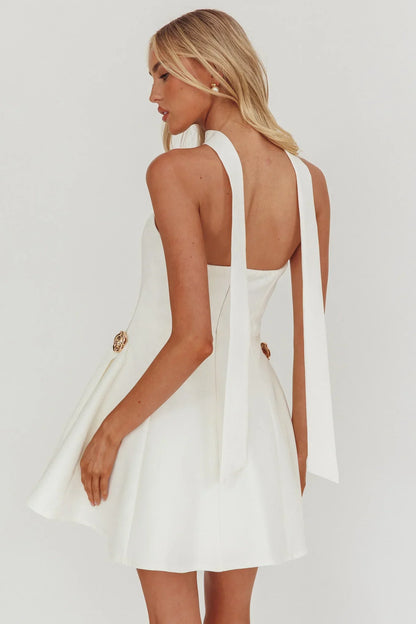 Annora Strapless Gold Button Mini Dress White