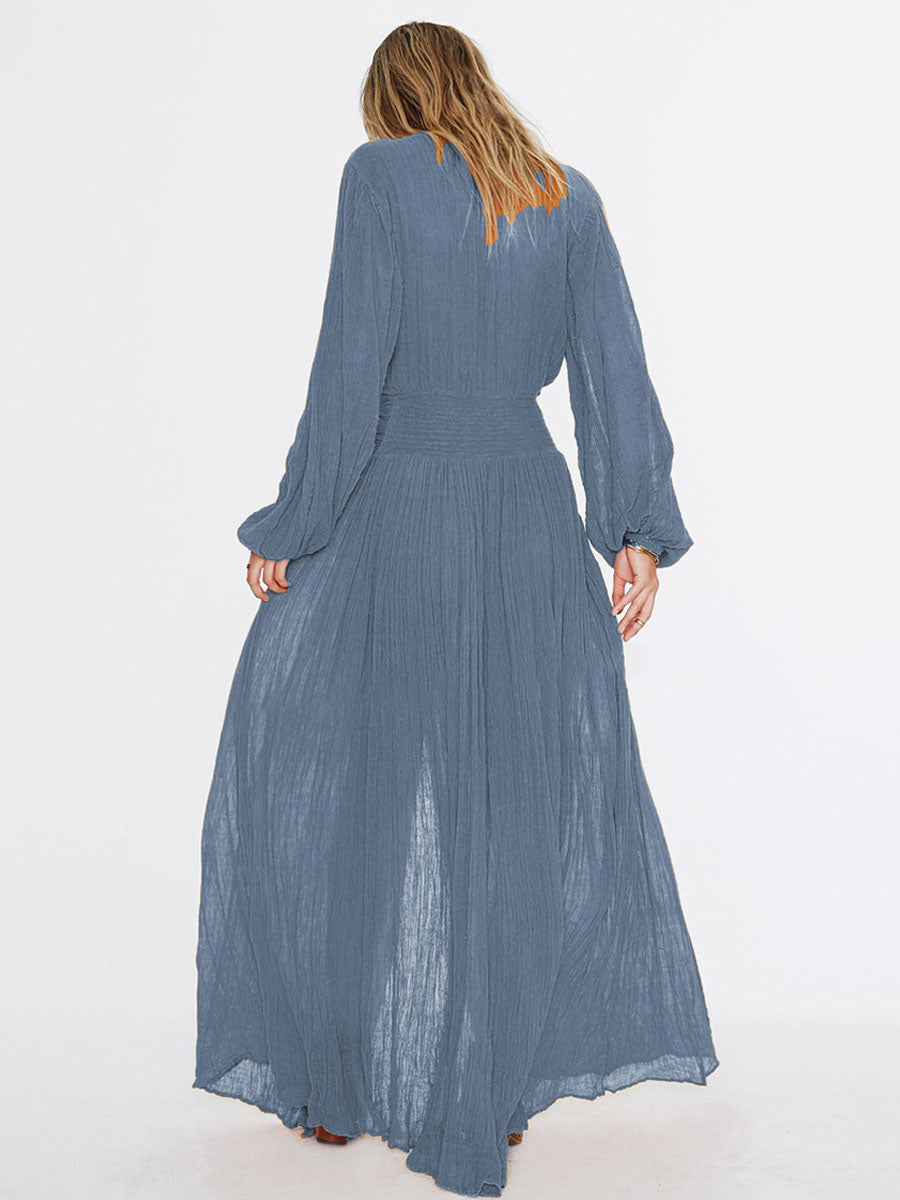 Maxi Dress V-Neck Long Sleeves High-slit Floor Length Dress
