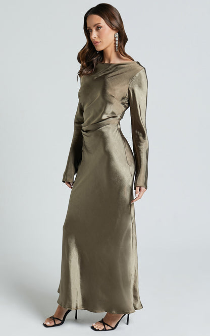 Arriana Midi Dress - Long Sleeve Cowl Back Satin Dress in Dark Olive
