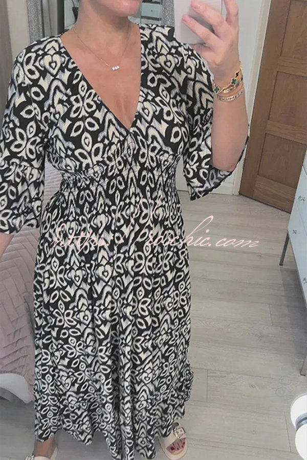 Fairytale Song Bohemian Print Stretch Frill Sleeve Loose Maxi Dress