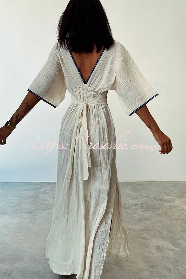 Sunlit Days Linen Blend Ethnic Printed Elastic Waist Slit Maxi Dress