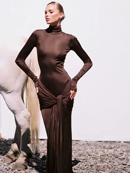 Elegant Lace-Up High Neck Bodycon Maxi Dress for Women, Perfect for Autumn