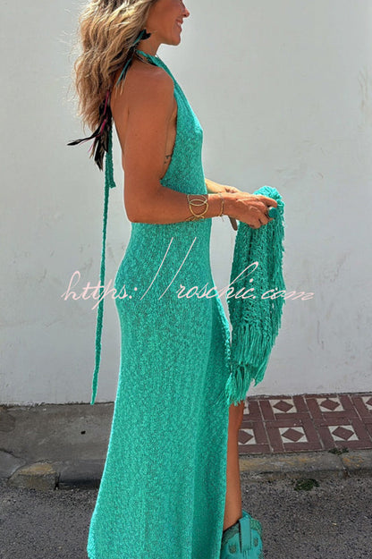 Sexy Backless Halter Neck Slim High Slit Knit Maxi Dress