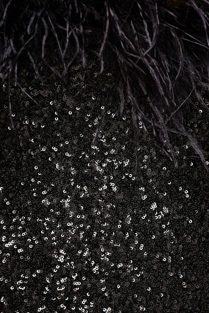 Daze | Black Sequin Bandeau Maxi Dress With Feather-Trim
