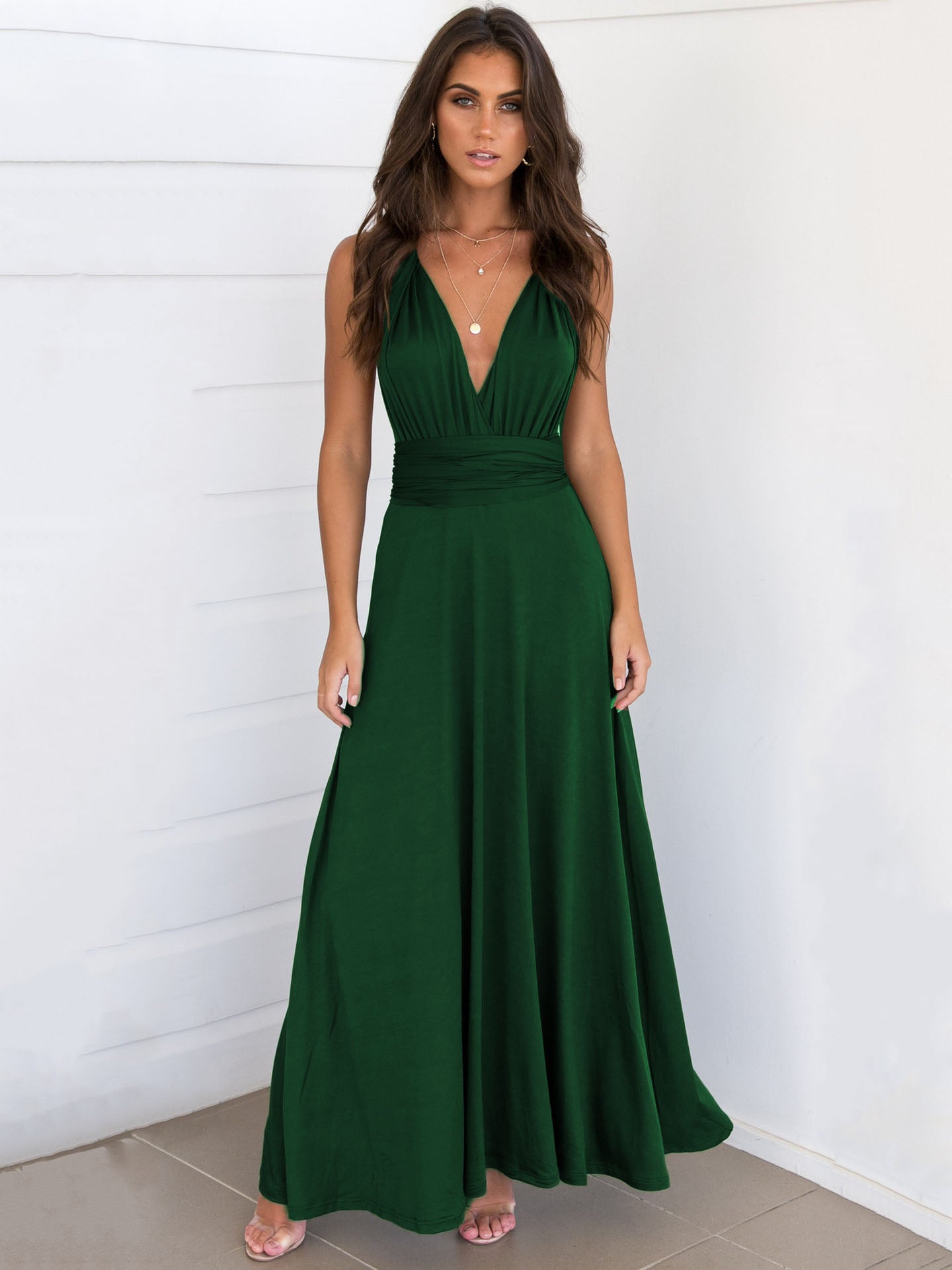 Birthday Sexy Maxi Dress Sleeveless Plunging Neck Backless Solid Color Evening Dress
