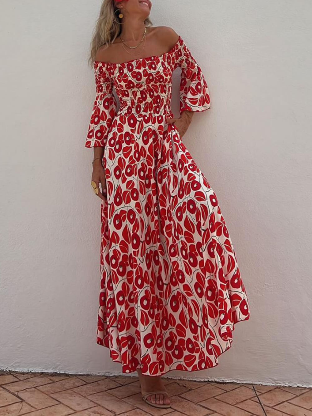 Scarlet Bloom - Smocked Off Shoulder Maxi Dress