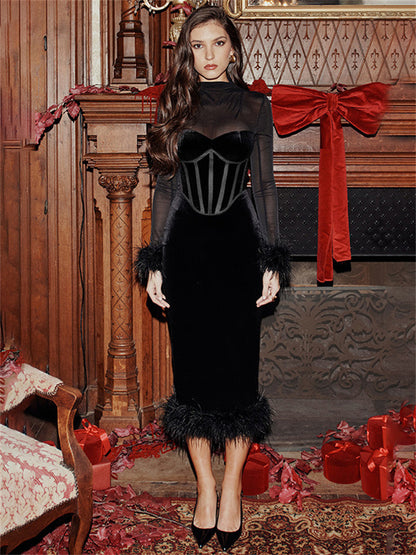 Tossy Fluffy See-Through Patchwork Long Dress For Women Elegant Mesh Long Sleeve Fashion High Waist Maxi Dress Female Gown 2024