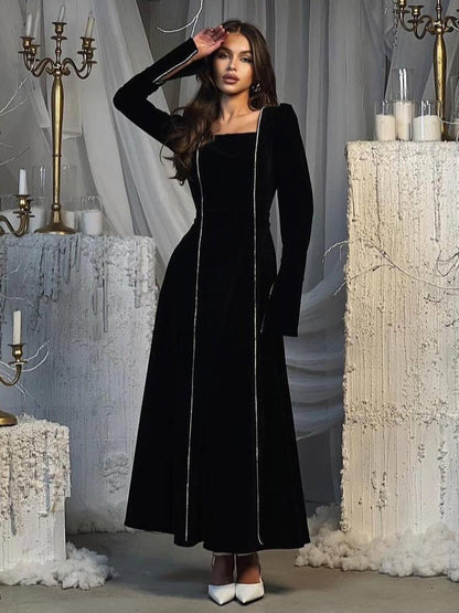 Velvet Piping Dress Square Neck Long Sleeves Slit Prom Maxi Dresses