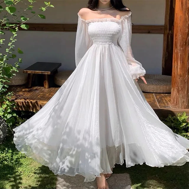 Elegantes vestidos de playa para vacaciones de verano para mujer, color blanco liso, con mangas abullonadas, cuello oblicuo, hombros descubiertos, vestidos de gasa de moda coreana.