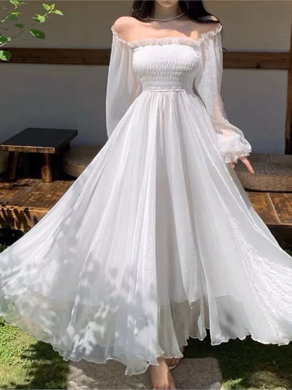 Elegantes vestidos de playa para vacaciones de verano para mujer, color blanco liso, con mangas abullonadas, cuello oblicuo, hombros descubiertos, vestidos de gasa de moda coreana.