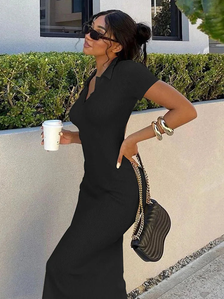 Elegant Knitted Short Sleeve Bodycon Maxi Dress Women Summer Sexy Backless Bandage Streetwear Solid Stretch Lady Dresses