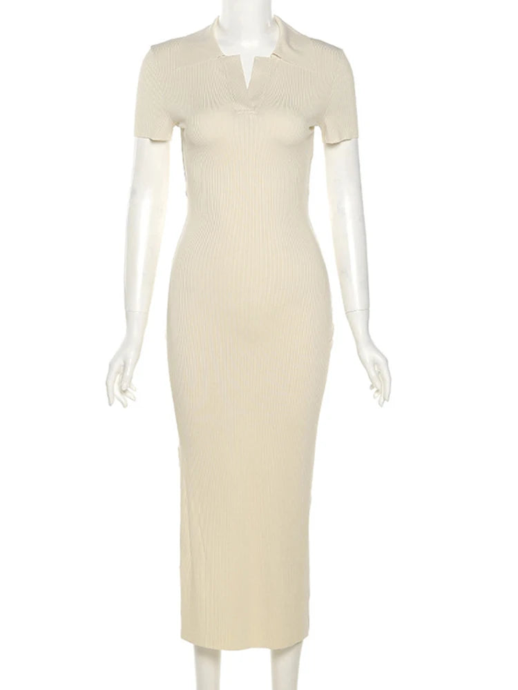 Elegant Knitted Short Sleeve Bodycon Maxi Dress Women Summer Sexy Backless Bandage Streetwear Solid Stretch Lady Dresses