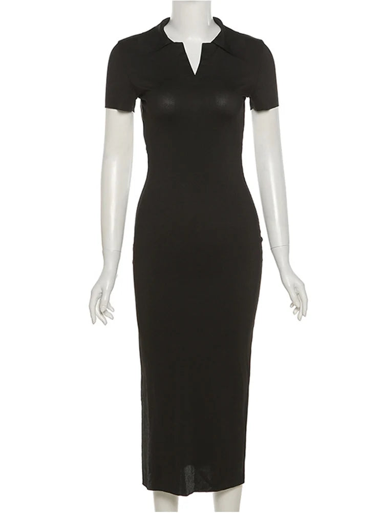 Elegant Knitted Short Sleeve Bodycon Maxi Dress Women Summer Sexy Backless Bandage Streetwear Solid Stretch Lady Dresses
