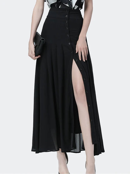 Falda elegante de longitud media, combina con todo, cintura alta, sexy, con botones y abertura, de gasa larga, para mujer, faldas plisadas de verano en negro.