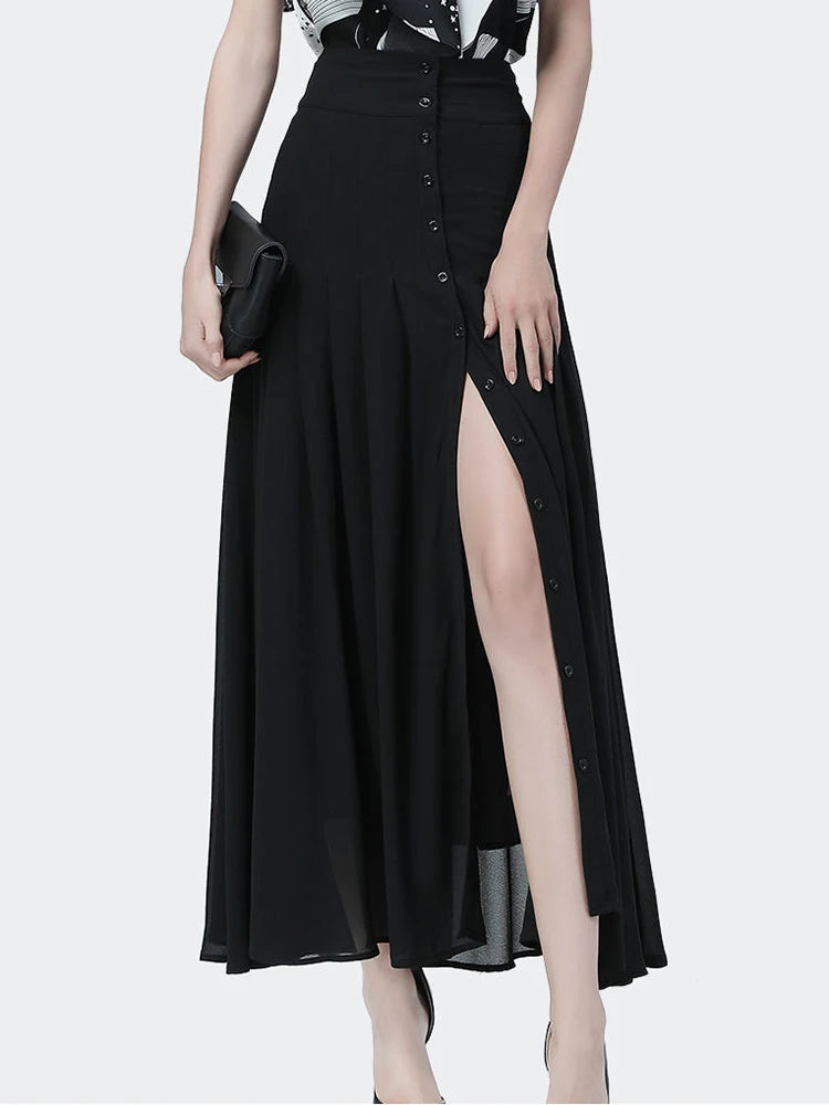 Falda elegante de longitud media, combina con todo, cintura alta, sexy, con botones y abertura, de gasa larga, para mujer, faldas plisadas de verano en negro.