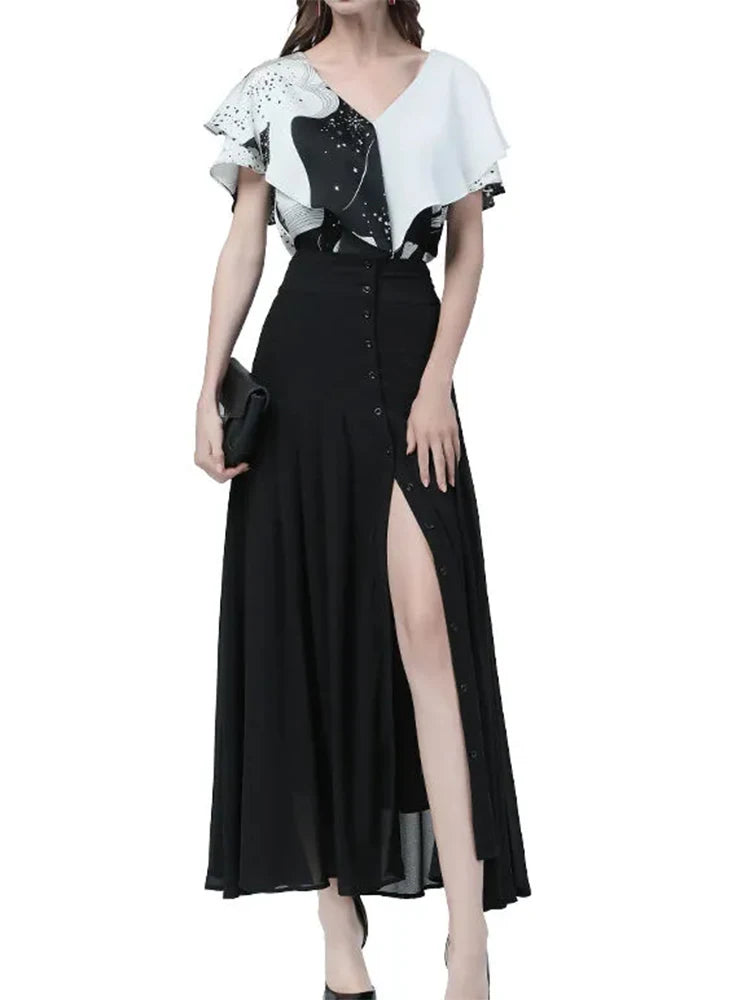 Falda elegante de longitud media, combina con todo, cintura alta, sexy, con botones y abertura, de gasa larga, para mujer, faldas plisadas de verano en negro.