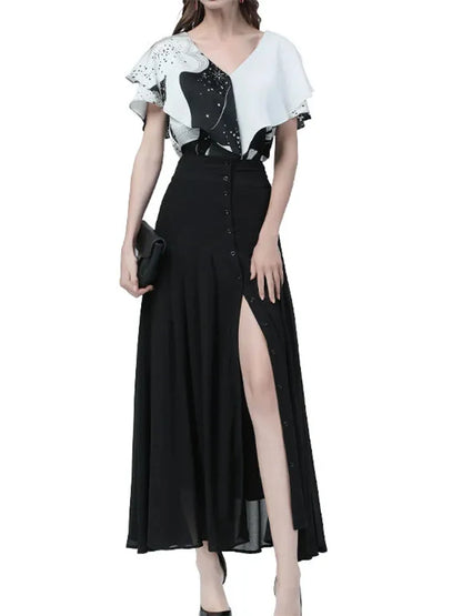Falda elegante de longitud media, combina con todo, cintura alta, sexy, con botones y abertura, de gasa larga, para mujer, faldas plisadas de verano en negro.