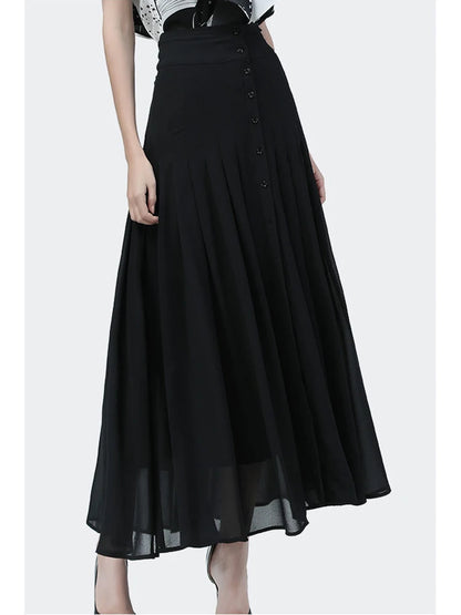 Falda elegante de longitud media, combina con todo, cintura alta, sexy, con botones y abertura, de gasa larga, para mujer, faldas plisadas de verano en negro.